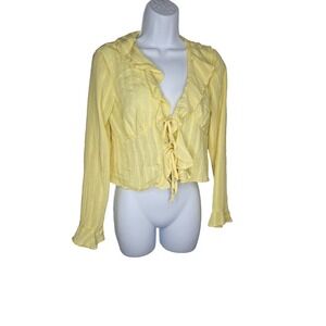 Yellow Ruffle Tie Front Blouse Long‎ Sleeve Sheer Striped Top Women's